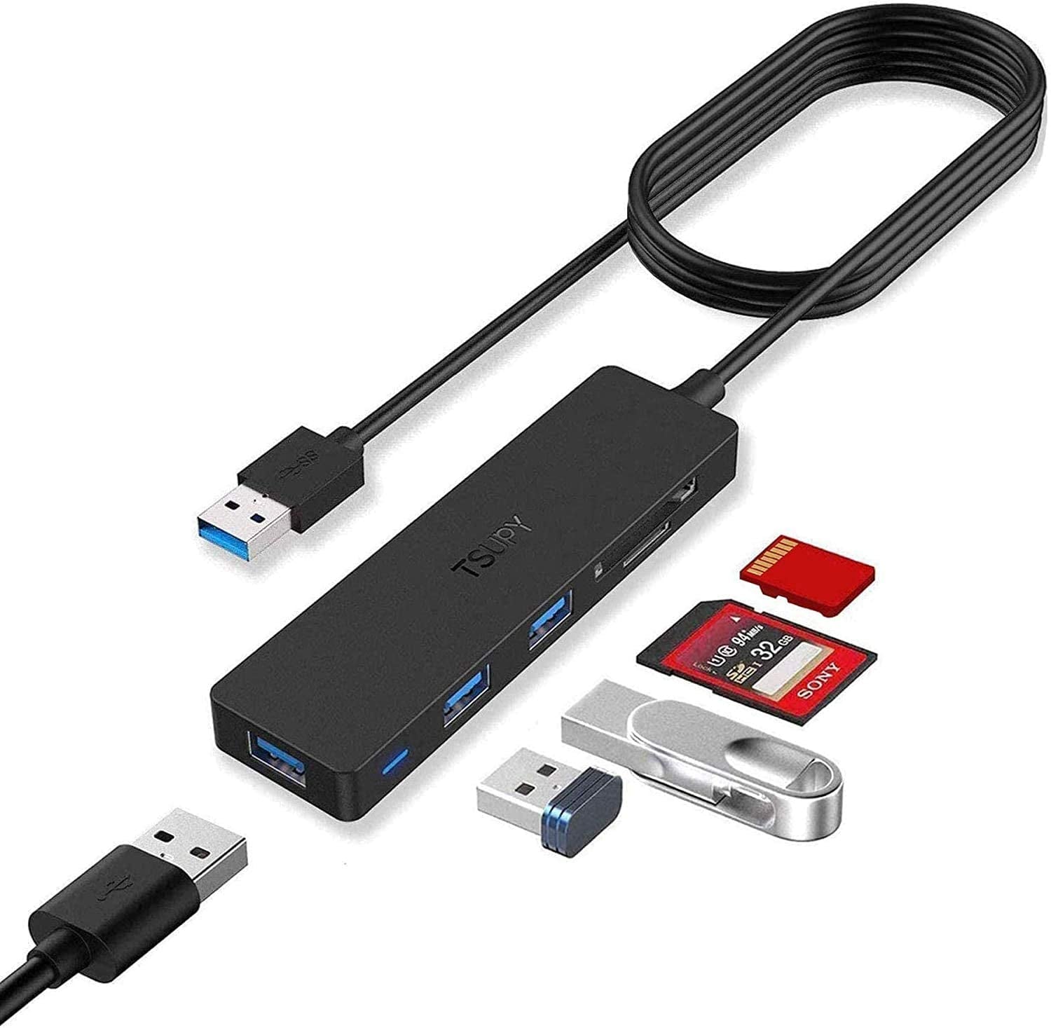 USB Hub 3.0 Splitter,  USB 3.0 Hub Multi USB Adapter Port Expander with 4Ft Cable, SD/TF Card Reader & 3 USB 3.0 Ports Compatible for PC, Laptops, Surface Pro, Macbook, Imac Pro