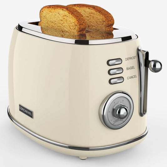 Stainless Steel 2-Slice Retro Toaster with Removable Crumb Tray, 6 Shade Settings, Bagel, Defrost, and Cancel Functions (White)