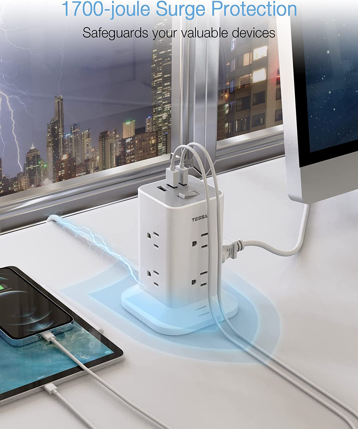 Multi-Outlet Power Strip Tower with Surge Protection, USB Ports, and Extension Cord - Ideal for Office, Dorm, or Home Uses