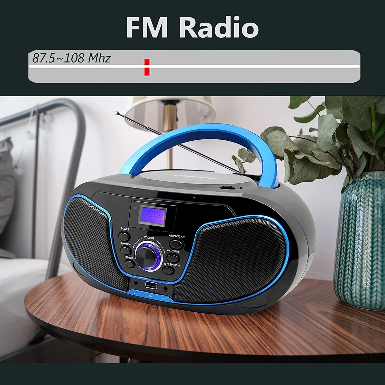  Portable Bluetooth CD Boombox with FM Radio, USB Playback, Aux Input, Earphone Output, and Digital Tuner