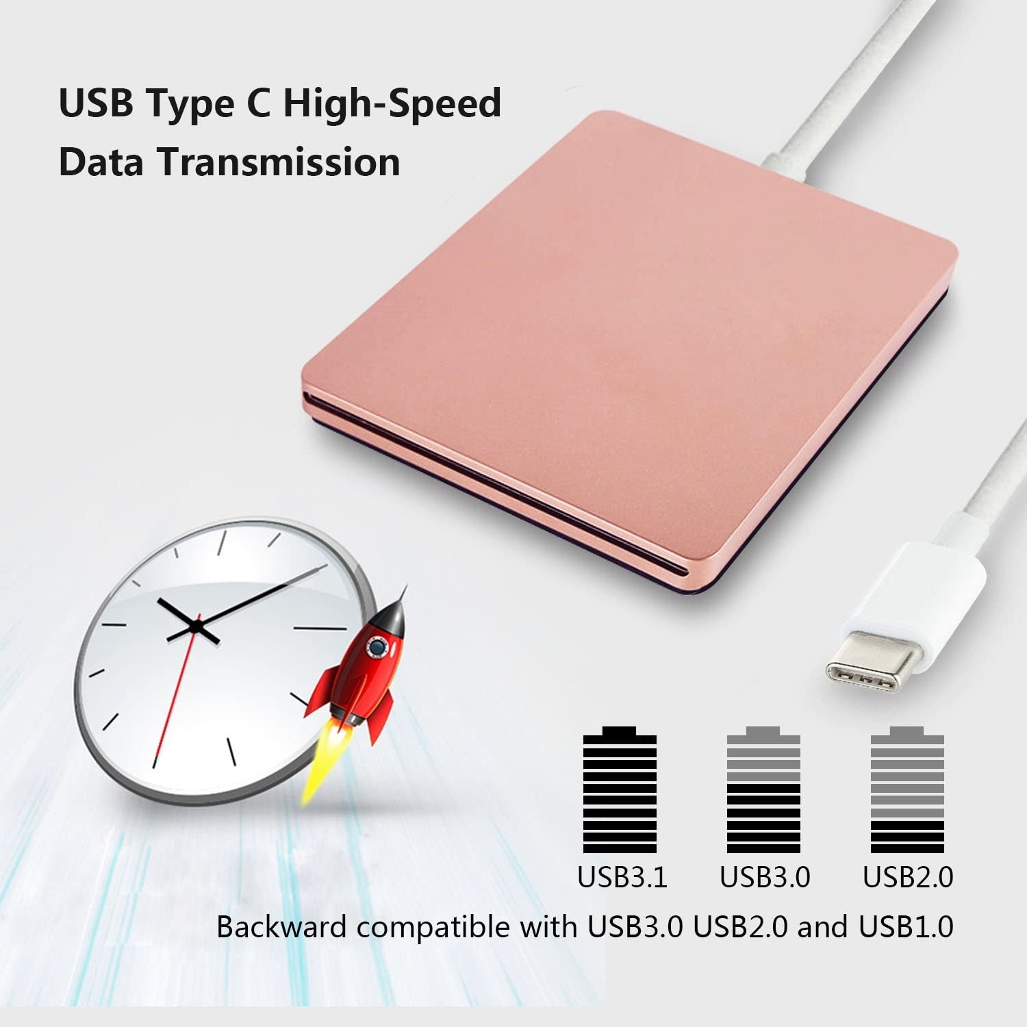 USB 3.0 External DVD Drive: Portable CD/DVD Player for PC & Mac, Slim USB-C/Type-C DVD/CD ROM Rewriter Burner Compatible with MacBook Pro, Dell Laptops