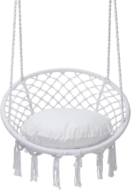 Macrame Swing Chair with Cotton Rope Hammock, 330 Lbs Capacity, Ideal for Indoor and Outdoor Use, White