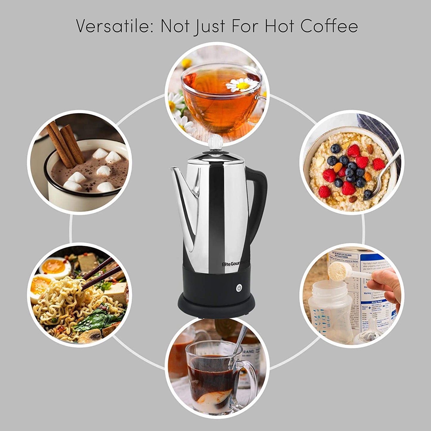 Professional Stainless Steel Electric Coffee Percolator with Keep Warm Feature, Clear Brew Progress Knob, Cool-Touch Handle, Cordless Serve - 12 Cups