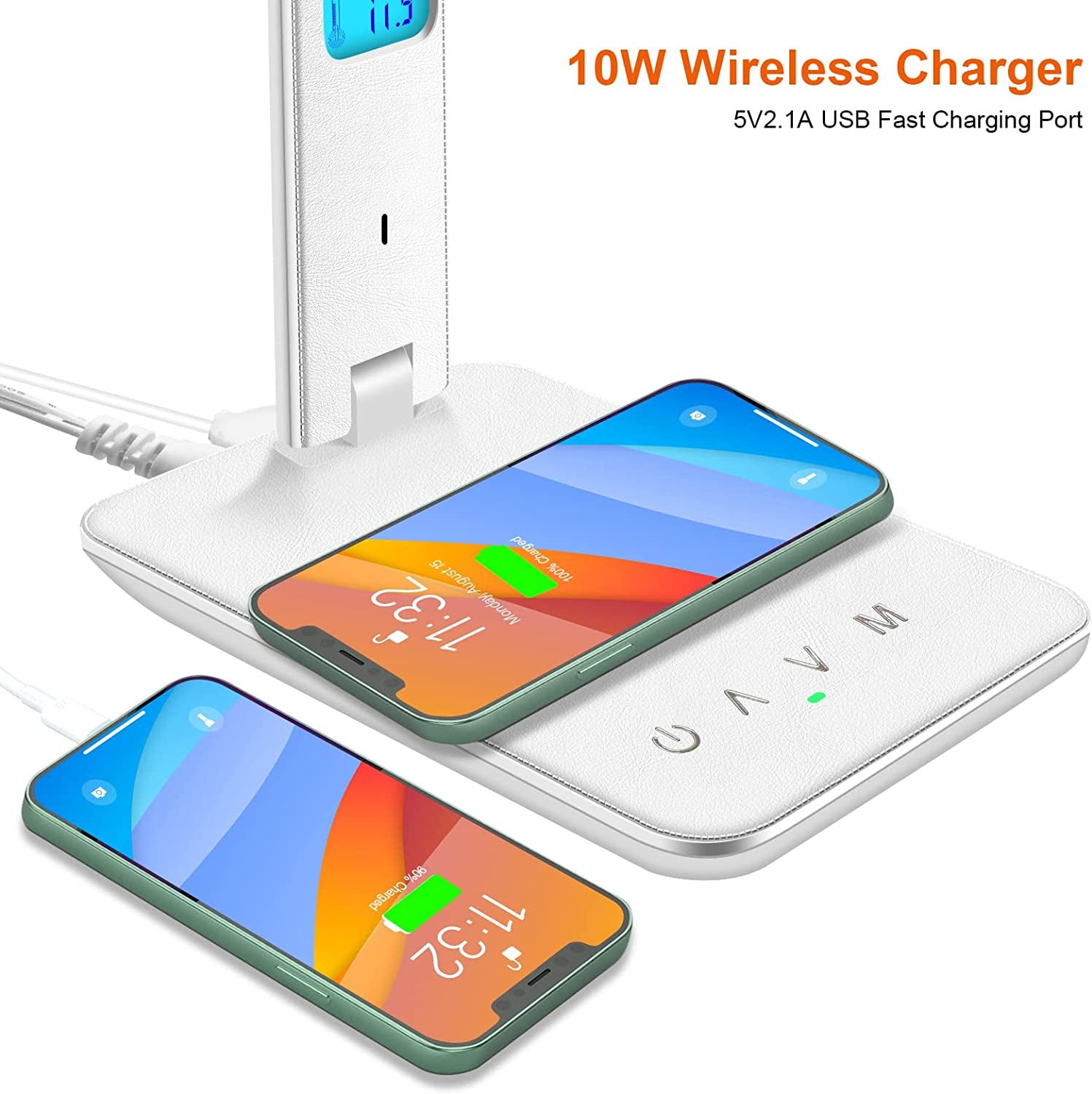 White Desk Lamp with Wireless Charger, USB Charging Port, Dimmable Light, Clock, Alarm, Date, and Temperature Display, Home and Office Use