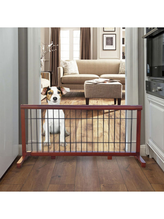 Expandable Wooden Dog Gate with Free-Standing Design and Durable Wire Mesh