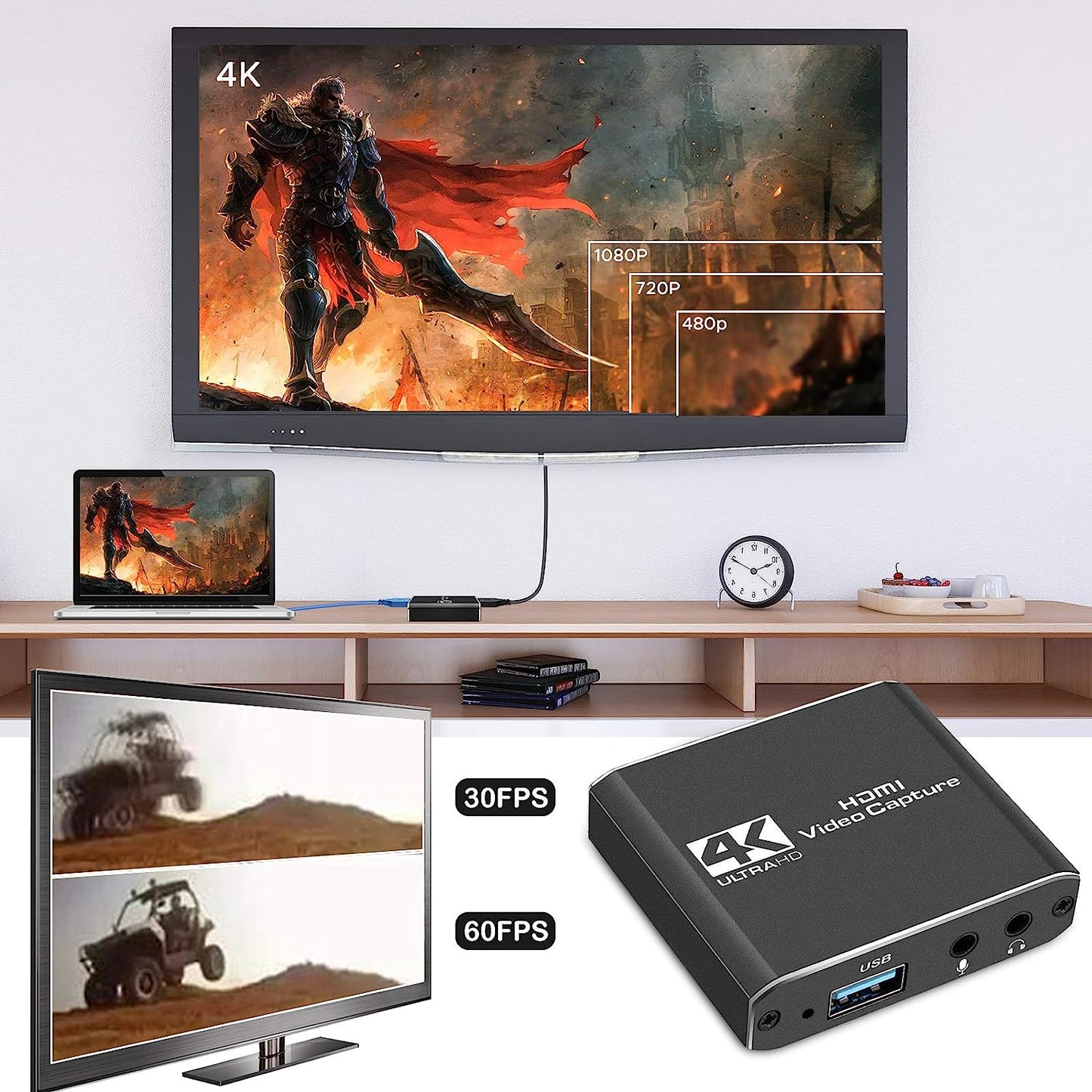 Audio Video Capture Card with Microphone, 4K HDMI Loop-Out and 1080P 60Fps Video Recorder for Gaming, Live Streaming and Video Conferencing, Compatible with Nintendo Switch, PS4, OBS, Cameras and PC
