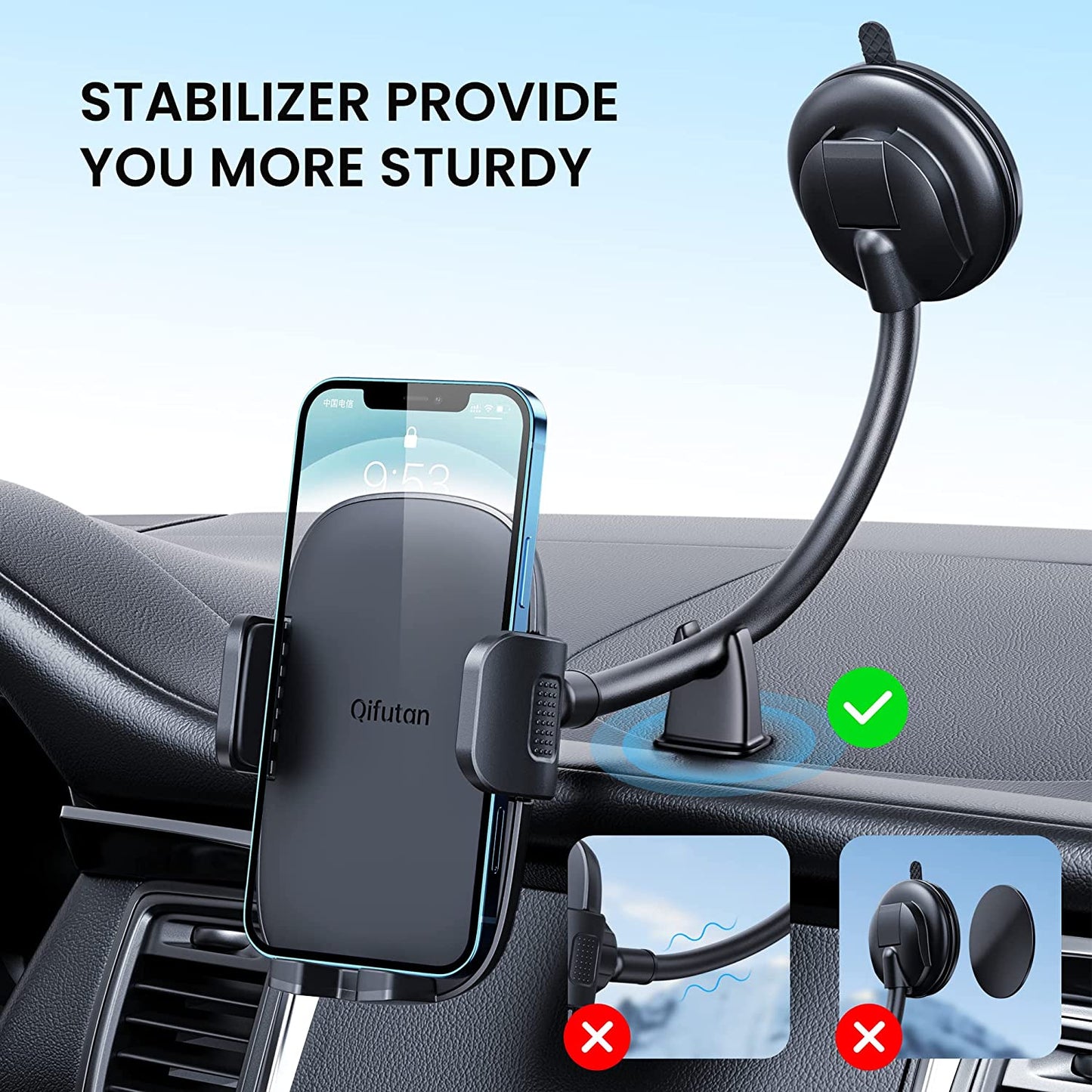 Long Arm Cell Phone Holder for Car - Dashboard/Windshield Mount with Powerful Suction and Anti-Shake Stabilization - Universal Compatibility for Android and iPhone Smartphones