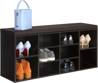 Entryway Shoe Bench with Storage Cabinet and Cushion - 10 Compartments, Espresso and Brown - 11.8 X 40.9 X 18.9 Inches
