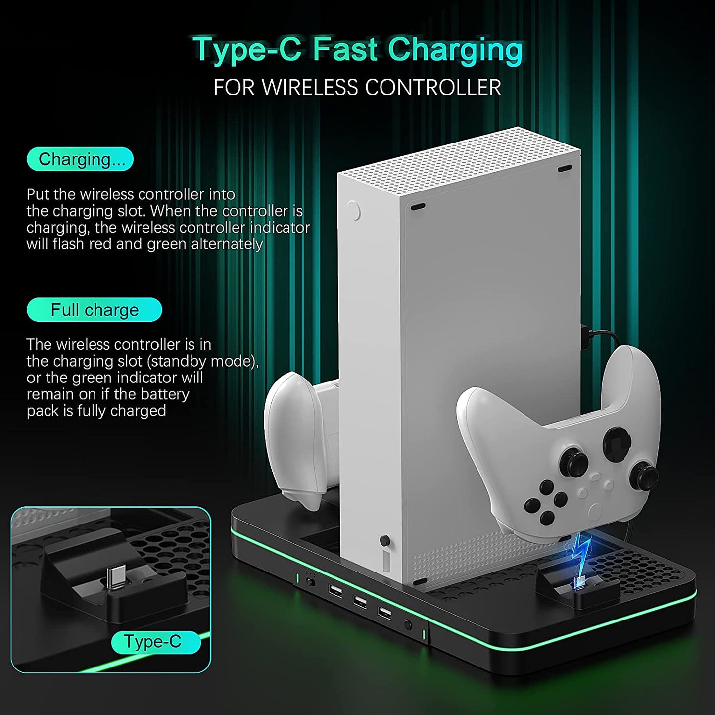 Vertical Cooling and Charging Stand for Xbox Series X/S Console and Controller, 7 Color Lights, Dock Station, 2 Rechargeable Battery Packs