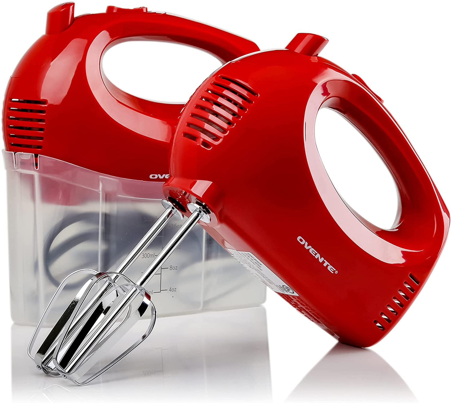 Compact and Powerful Electric Hand Mixer with Stainless Steel Whisk Beater Attachments, Snap Storage Case, and 5 Speed Mixing Functionality 150 Watt, Red