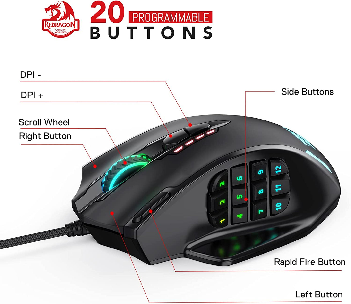 RGB LED Gaming Mouse with 12 Side Buttons, High Precision Optical Wired Ergonomic Gamer Mouse, Max 12,400DPI, 20 Programmable Macro Shortcuts