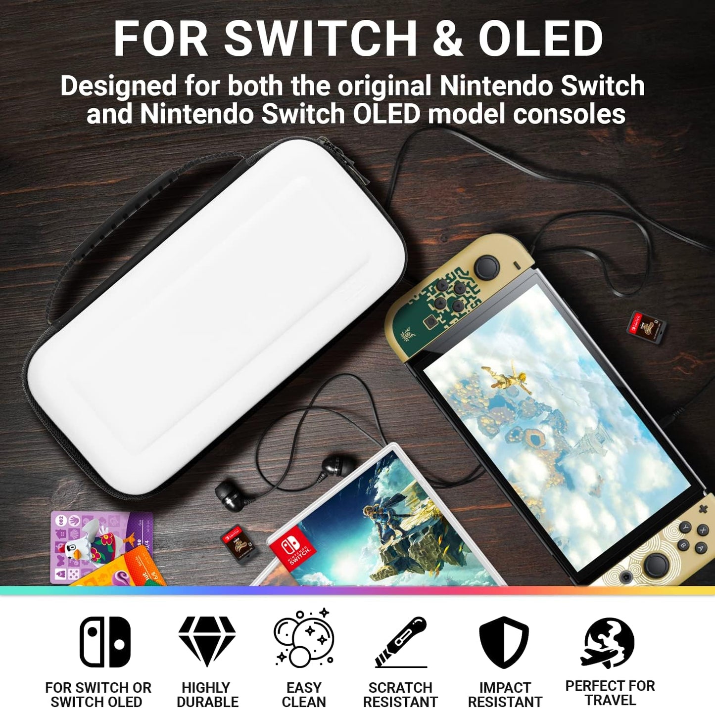 White Nintendo Switch OLED Console Carry Case with Dedicated Storage for Accessories and Games - Easy-to-Clean Design, Gift Boxed