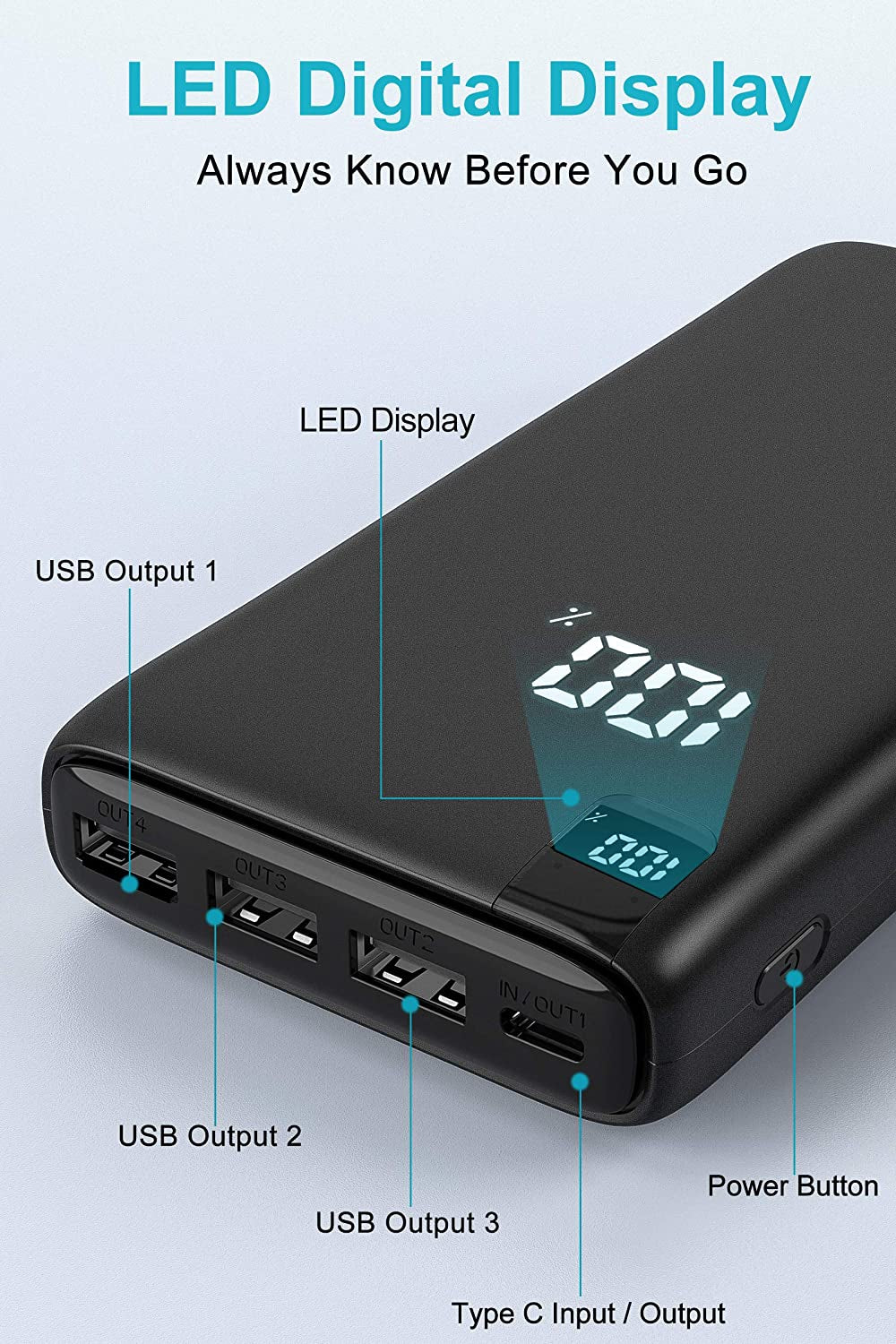 Portable Charger 26800mAh High Capacity Power Bank with LED Display and Fast Charging Outputs for iPhones, Samsung, LG, and More