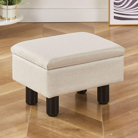 Linen Small Foot Stool Ottomans Multifunctional Footrest Storage Ottoman Upholstered Step Stool Seat with Solid Wood Legs Modern Accent Stools Suitable for Couch Living Room Bedroom Beige