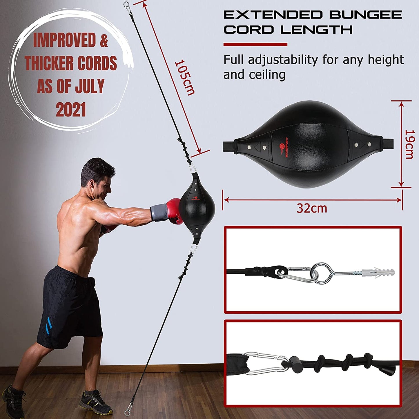 Boxerpoint Double End Punching Bag Kit | PU Leather, 2X41 Adjustable Cords, Hand Wraps, Carry Bag and Installation | Double End Bag Boxing Equipment for Home and Gym - Double End Boxing Bag Kit