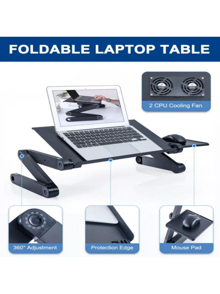 Adjustable Laptop Stand with USB Cooling Fans; Aluminum Lap Workstation Desk - Mouse Pad and Foldable Design; Ideal for Bed, Sofa, and Cook Book Stand