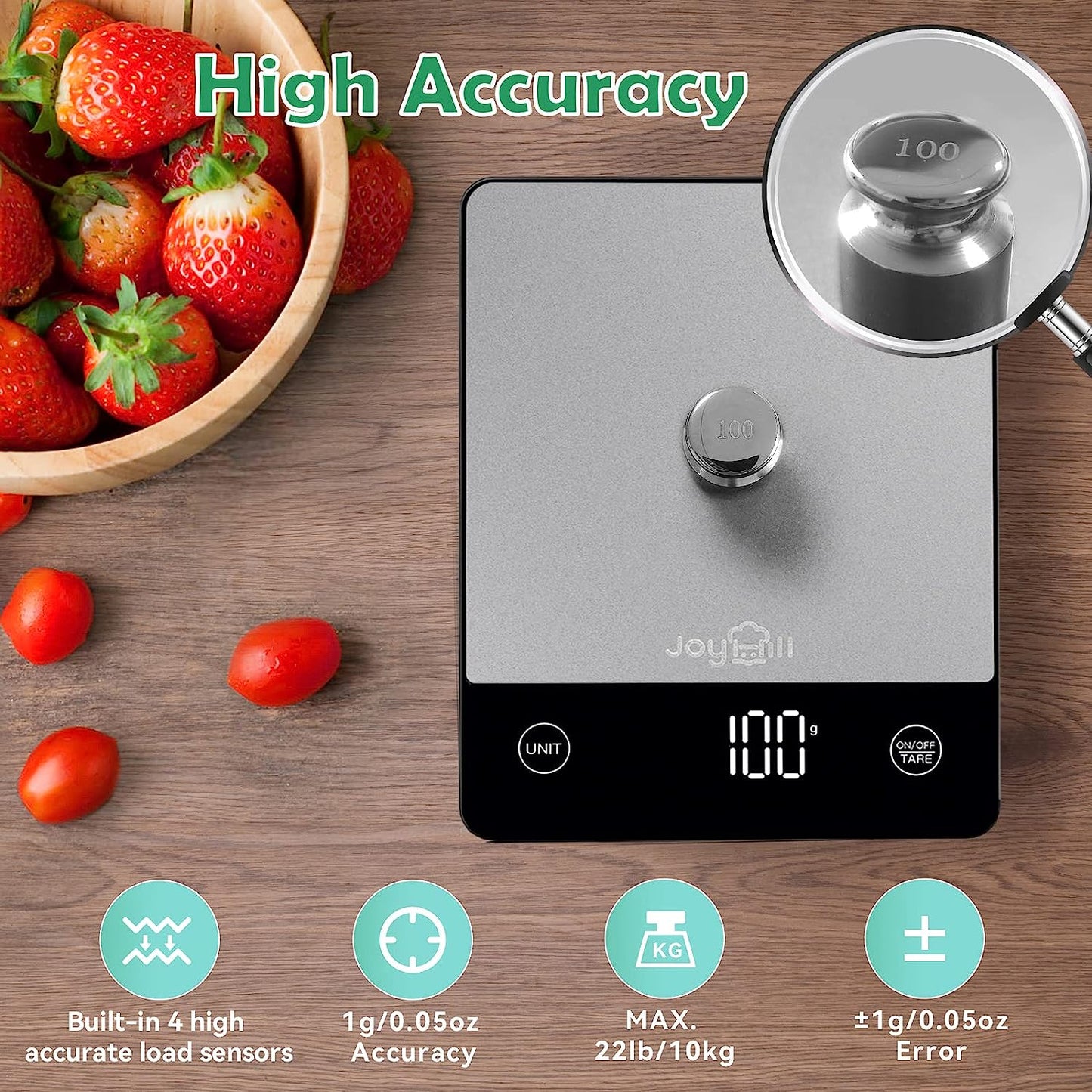 Digital Kitchen Scale, 22Lb Food Ounces and Grams Weight Loss, Baking and Cooking, High-Quality Stainless Steel Food Weight Scale with LED Display, Batteries Included, Silver