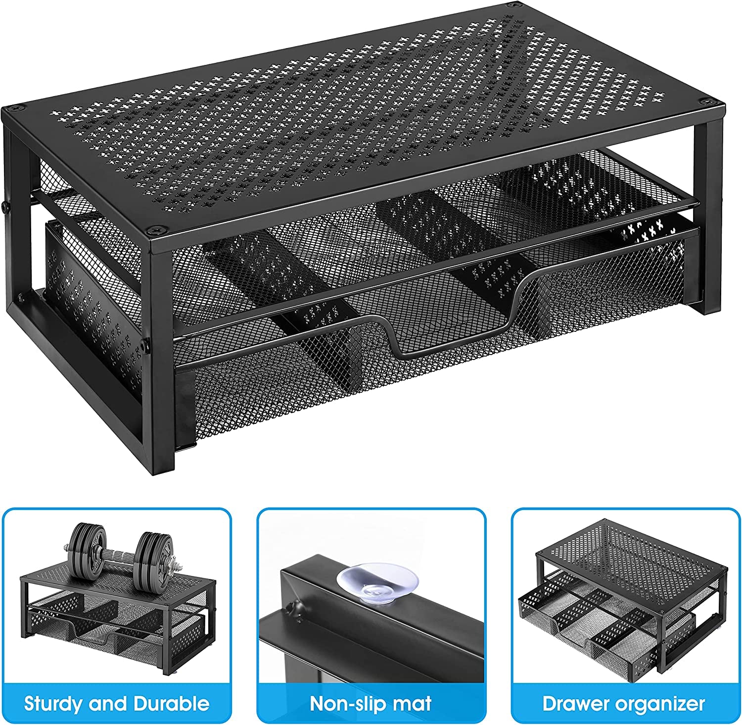 Metal Monitor Stand Riser with Integrated Desk Organizer and Drawer - Ideal for Laptops, Computers, iMacs - Black