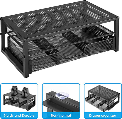 Metal Monitor Stand Riser with Integrated Desk Organizer and Drawer - Ideal for Laptops, Computers, iMacs - Black