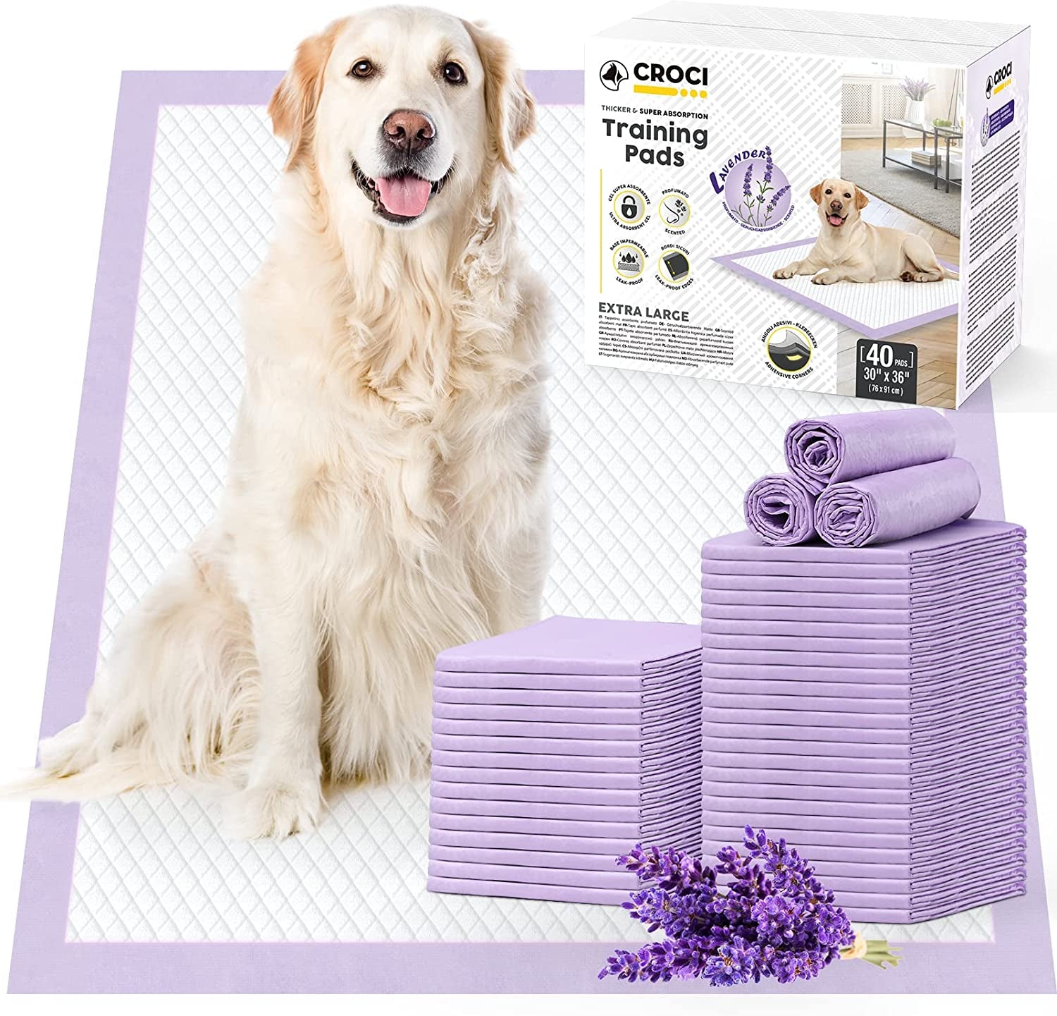 Extra Large Lavender Scented Puppy Pads - 30X36In, Highly Absorbent with Odor Elimination, Suitable for Dogs, Disposable (40 Counts)