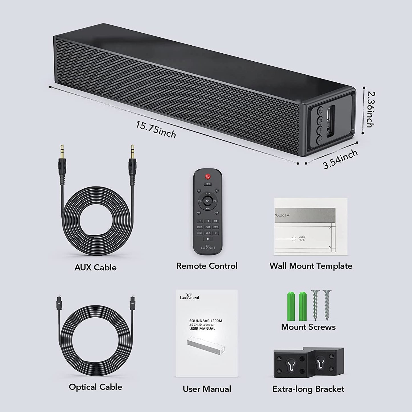 Compact Soundbar with Bluetooth, HDMI Arc, Optical, AUX, and USB Connections - Ideal for TV, PC, Gaming, and Surround Sound System