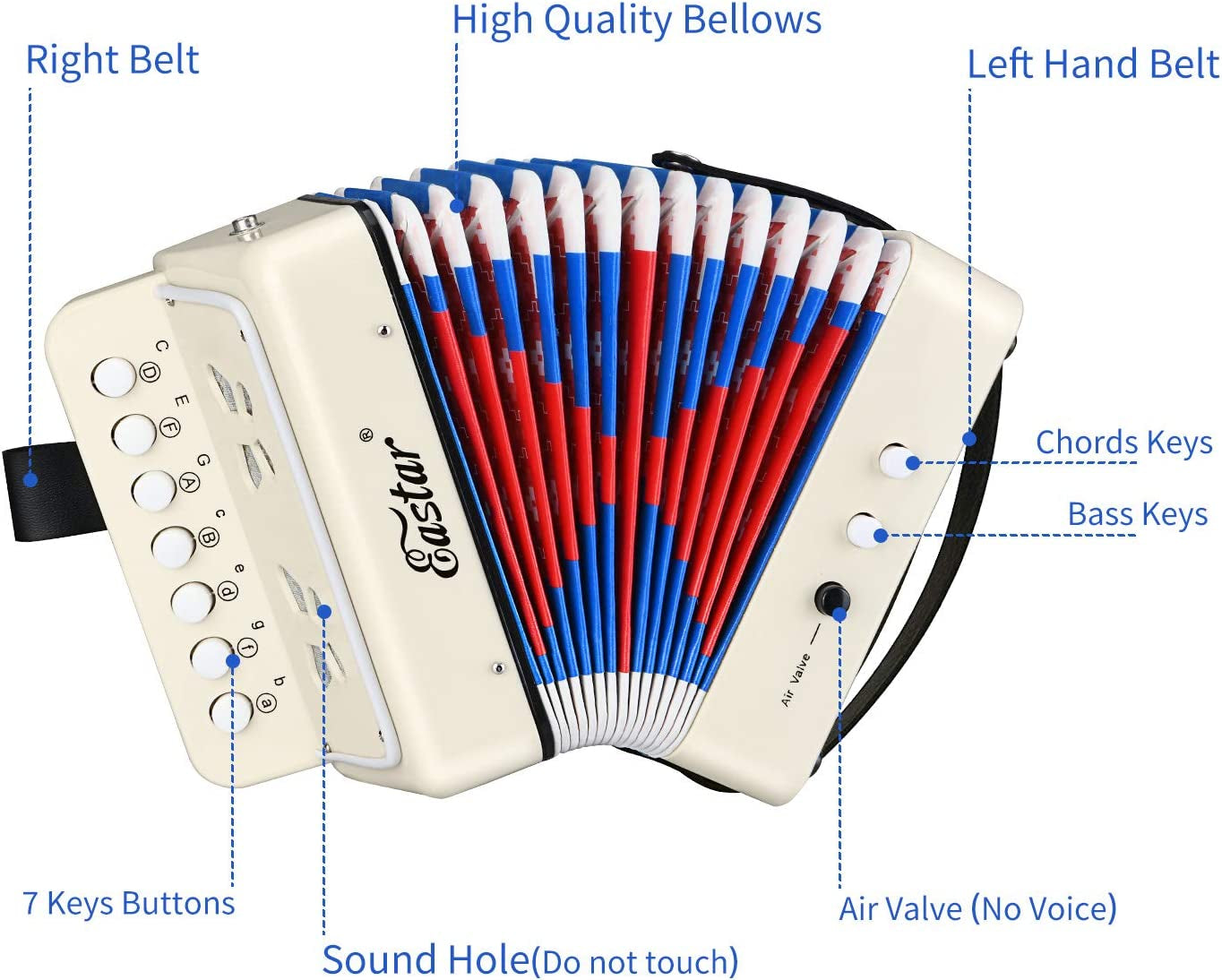 Children's Mini Accordion Toy - 10 Key Button Musical Instrument for Kids, Toddlers, and Beginners (White)