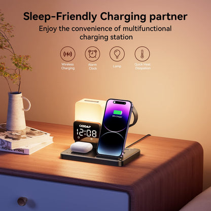 Multi-Device Charging Station: Foldable with Alarm Clock and Night Light. 18W Charger Compatible with iPhone 14/13/12/11/X, Iwatch SE/8/7/6/5/4/3/2, Airpods 3/2/Pro