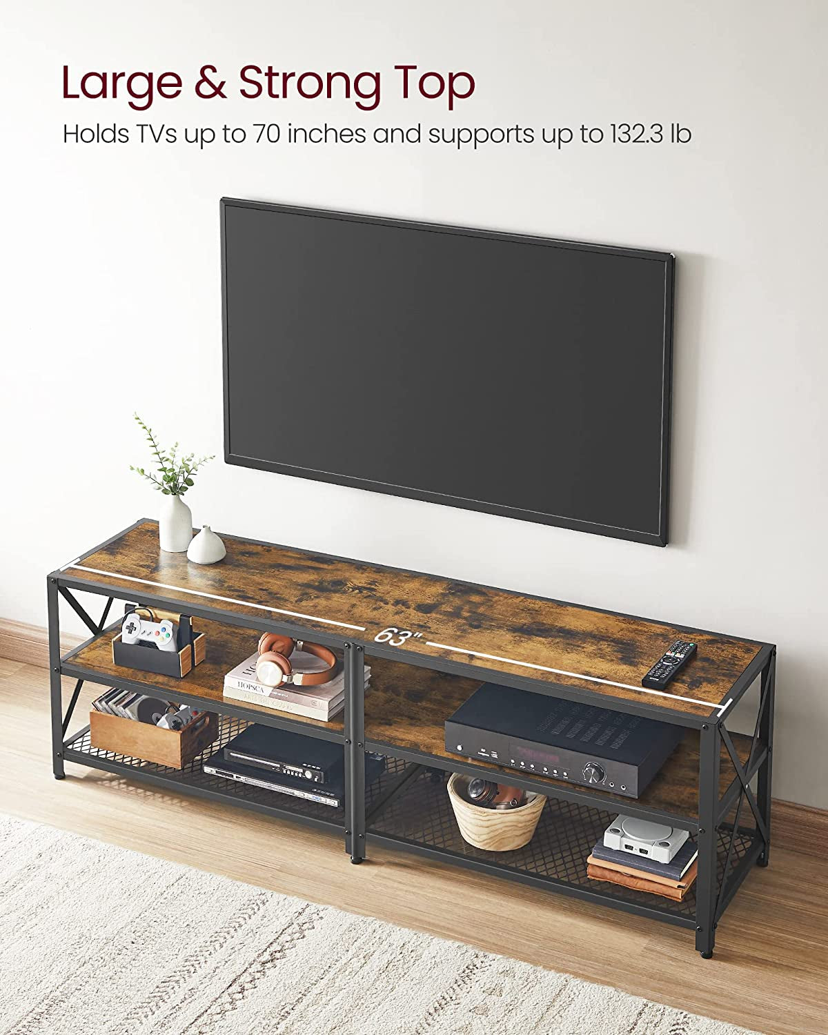 Industrial Style TV Stand for TVs up to 70 Inches, 3-Tier Entertainment Center with Steel Frame, Rustic Brown and Black Finish, Ideal for Living Room 