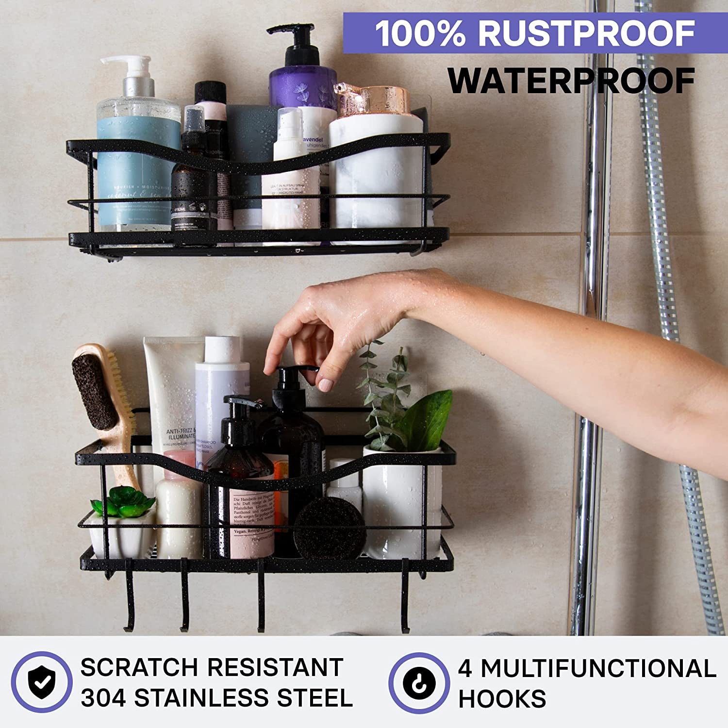 Traceless Adhesive Shower Caddy Bathroom Shelf - Rustproof SUS304 Food Storage Basket with 2-In-1 Kitchen Spice Racks, 2 Pack (Matte Black)