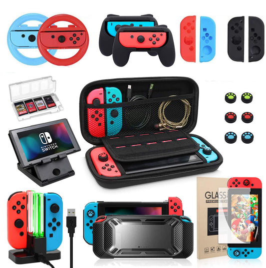 20-In-1 Nintendo Switch Accessories Bundle: Carrying Case, Protective Case with Screen Protector, Compact Playstand, Game Case, Joystick Cap, Charging Dock, Grip and Steering Wheel 