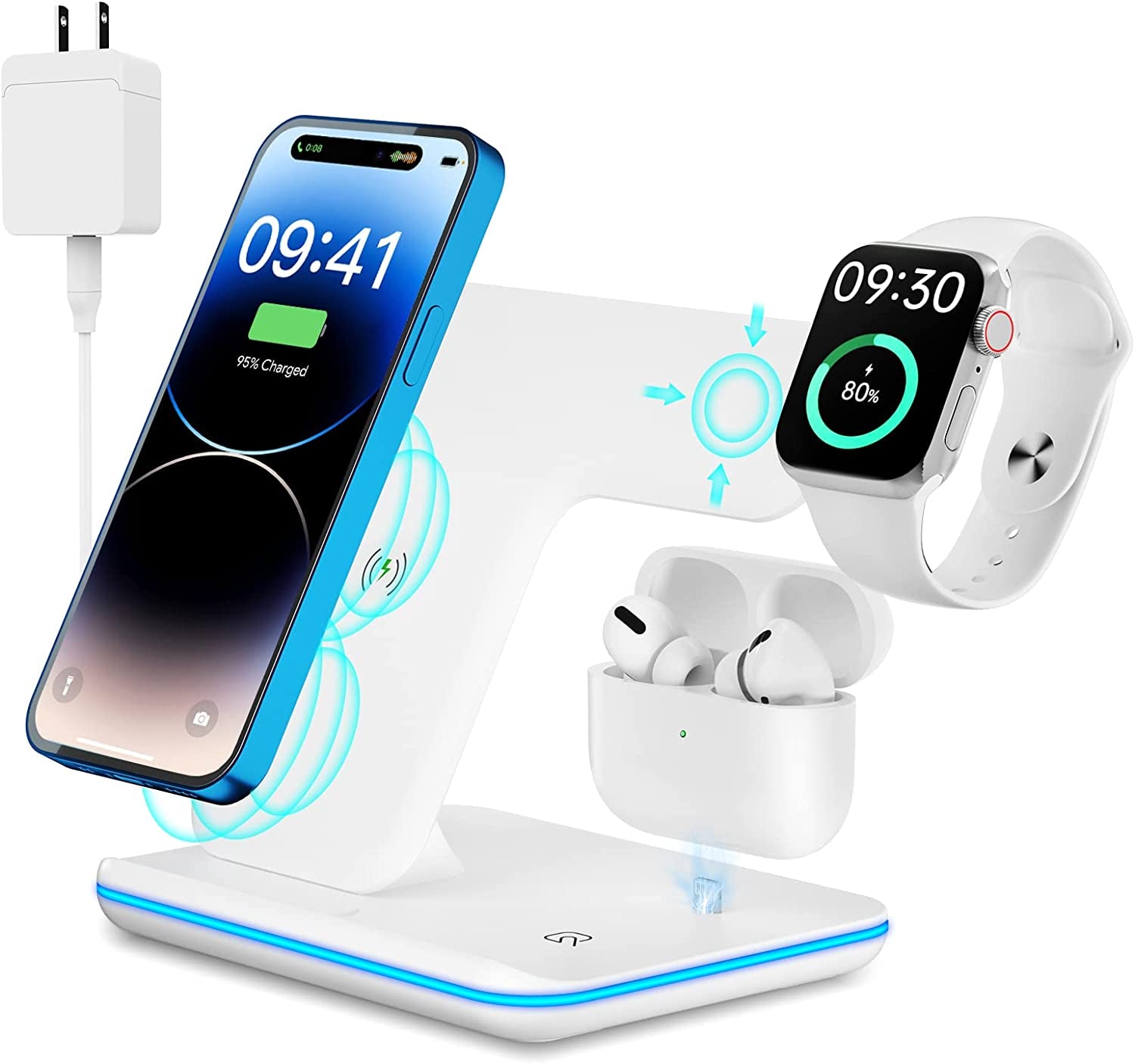 Multi-Device Wireless Charging Station with QC3.0 Adapter - Compatible with iPhone 14/13/12/11/Pro/Max/Xs/Xr/X/8/Plus, Apple Watch 8/7/6/5/4/3/2/Se, and AirPods (White)