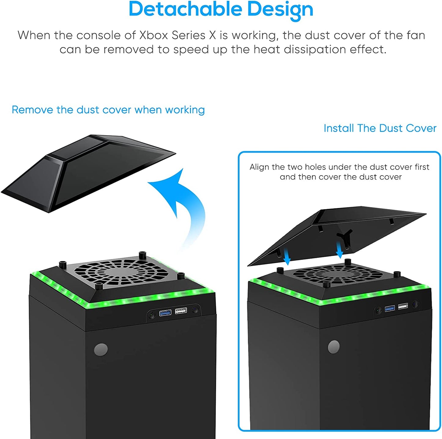 Cooling Fan with Dust Proof Design for Xbox Series X Console - Includes Colorful Light Strip, Dust Cover Filter, Rubber Dust Plugs, Low Noise Top Fan and 2 USB Ports