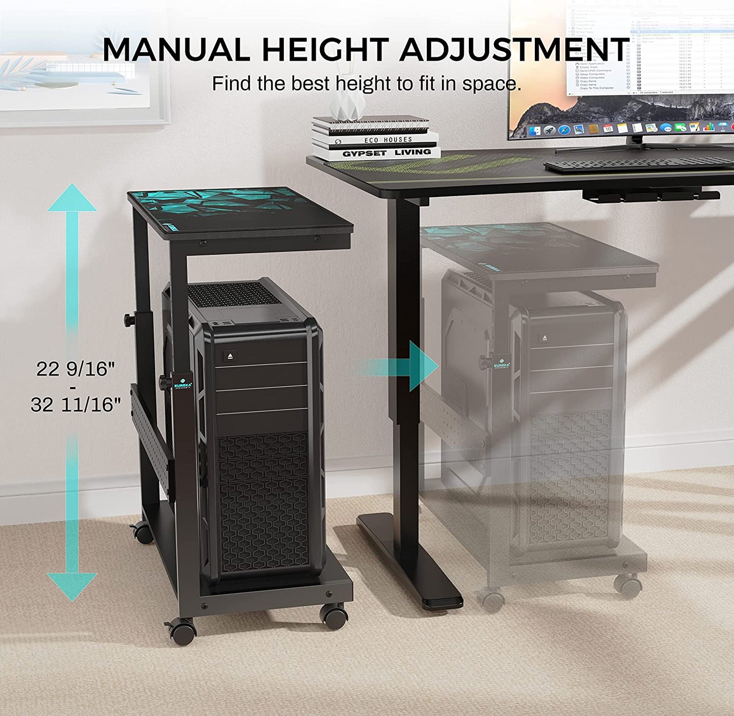 Height Adjustable Computer Tower Stand, 2-Tier Atx-Case CPU Holder Cart under Desk Mobile PC Laptop Standing Table Home Office Gaming Accessories W/Rolling Wheels & Mouse Pad, Black