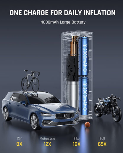 Efficient and Easy-to-Use Portable Tire Inflator for Cars and Motorcycles with Auto Stop Function, Cordless Electric Bike Air Pump, Rechargeable Battery, Large LCD Display and Lightweight Design