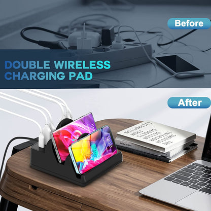 Wireless Charging Station with USB Ports, 8 in 1 Dual 15W Wireless Charger Station, 2 QC/2 PD USB Fast Charging Station, 80W Phone Charger for iPhone, Samsung, Android, iWatch, and AirPods