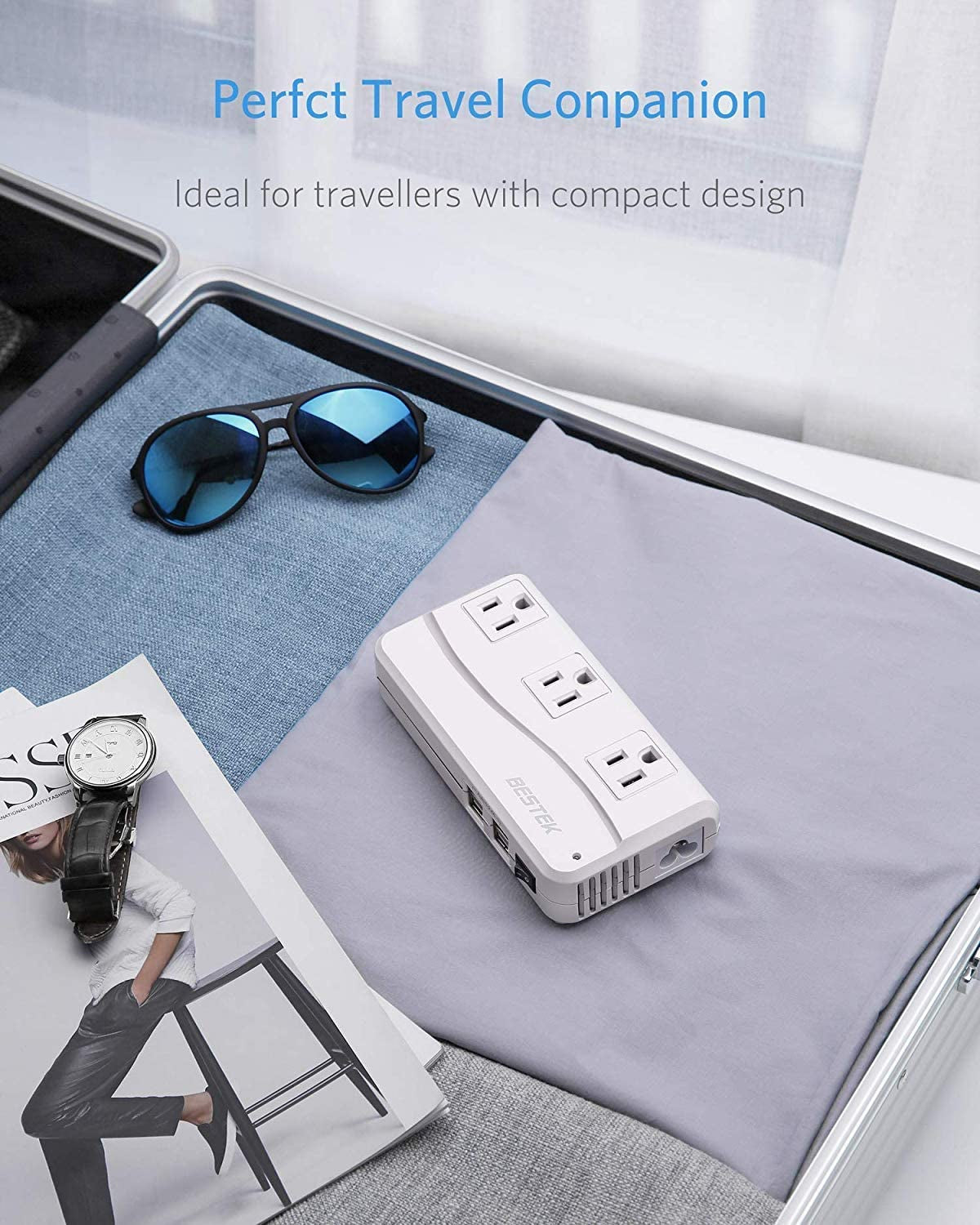 Universal Travel Adapter 100-220V to 110V Voltage Converter 250W with 6A 4-Port USB Charging 3 AC Sockets and Eu/Uk/Au/Us/India Worldwide Plug Adapter (White)