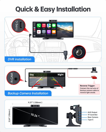 10.26" Wireless Carplay Screen & Android Auto with Adjustable Mount, 2.5K Dash Cam & 1080P Backup Camera, HD IPS Touchscreen, GPS Navigation, Bluetooth Connectivity, Car Stereo, Radio