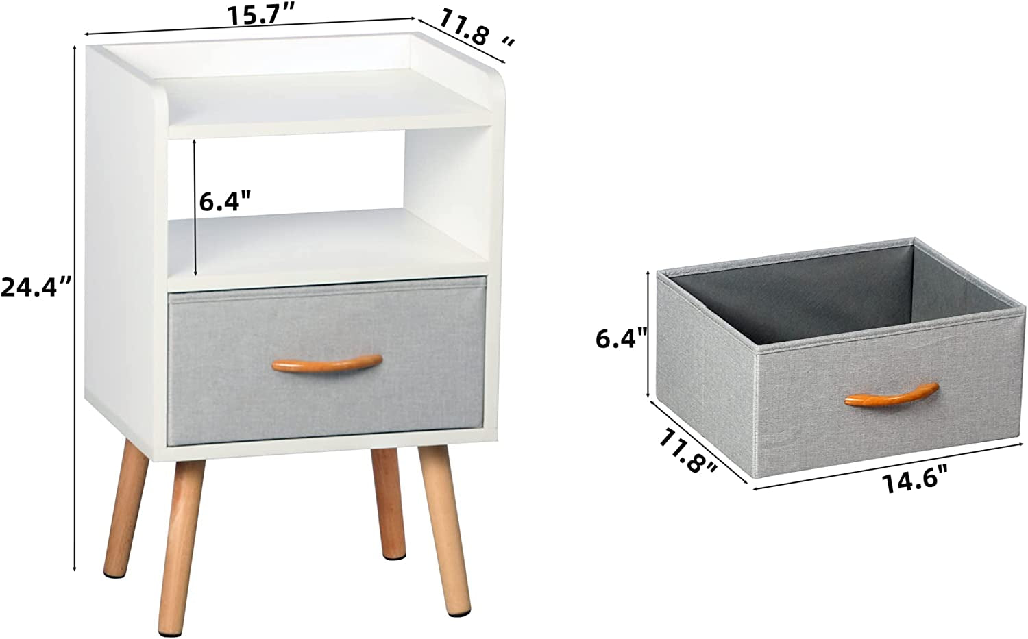 White Nightstand with Fabric Drawer, Bedside Table Featuring Solid Wood Legs, Minimalistic and Functional End Side Table with Open Storage Shelf for Bedroom Use