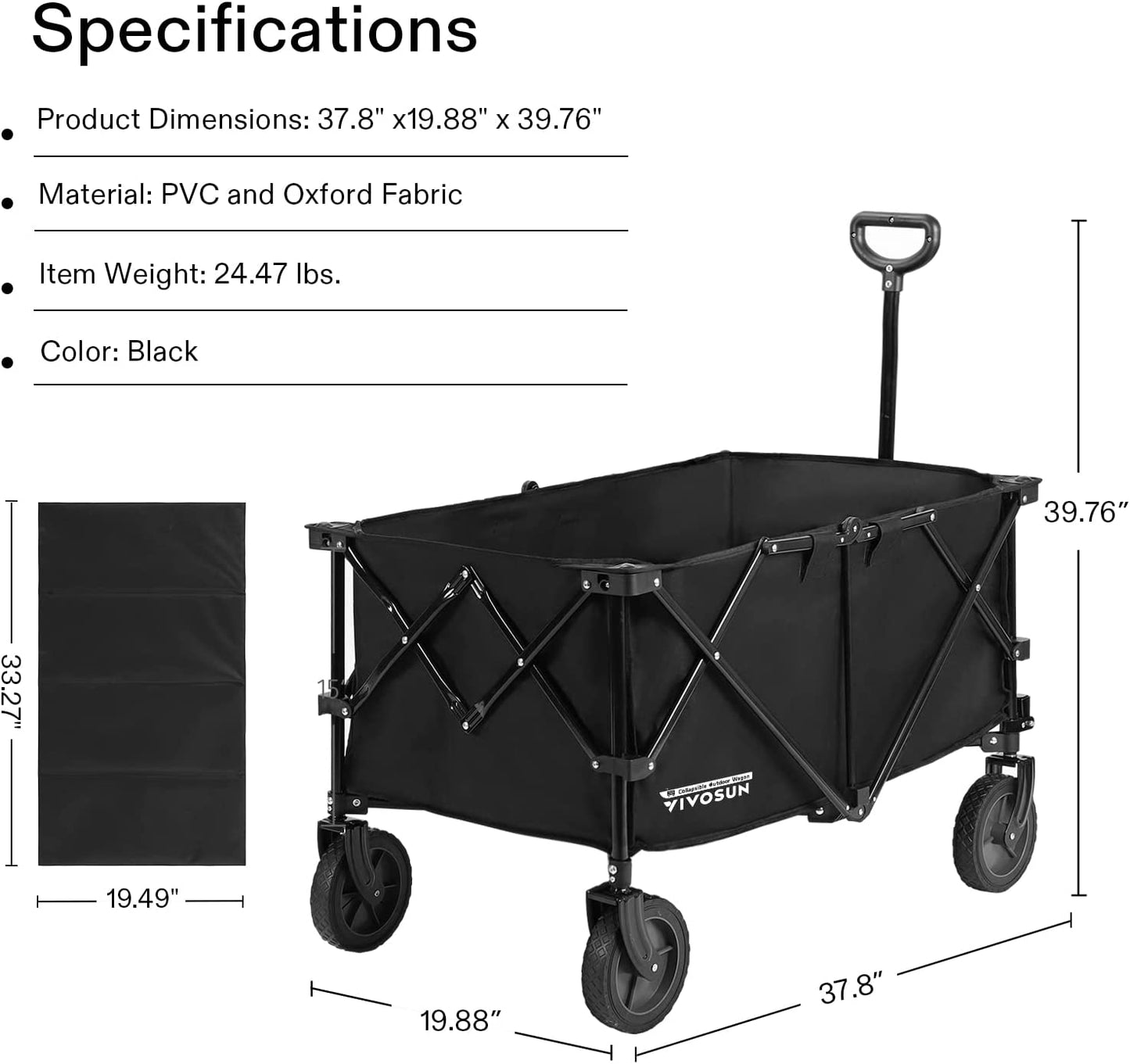 Heavy Duty Collapsible Folding Wagon Utility Outdoor Camping Garden Cart with Universal Wheels & Adjustable Handle, Black