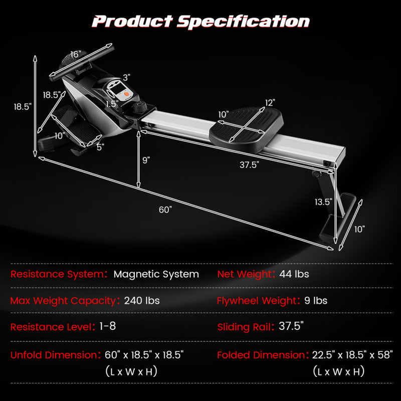 Foldable Magnetic Rowing Machine with Adjustable Oxygen Resistance