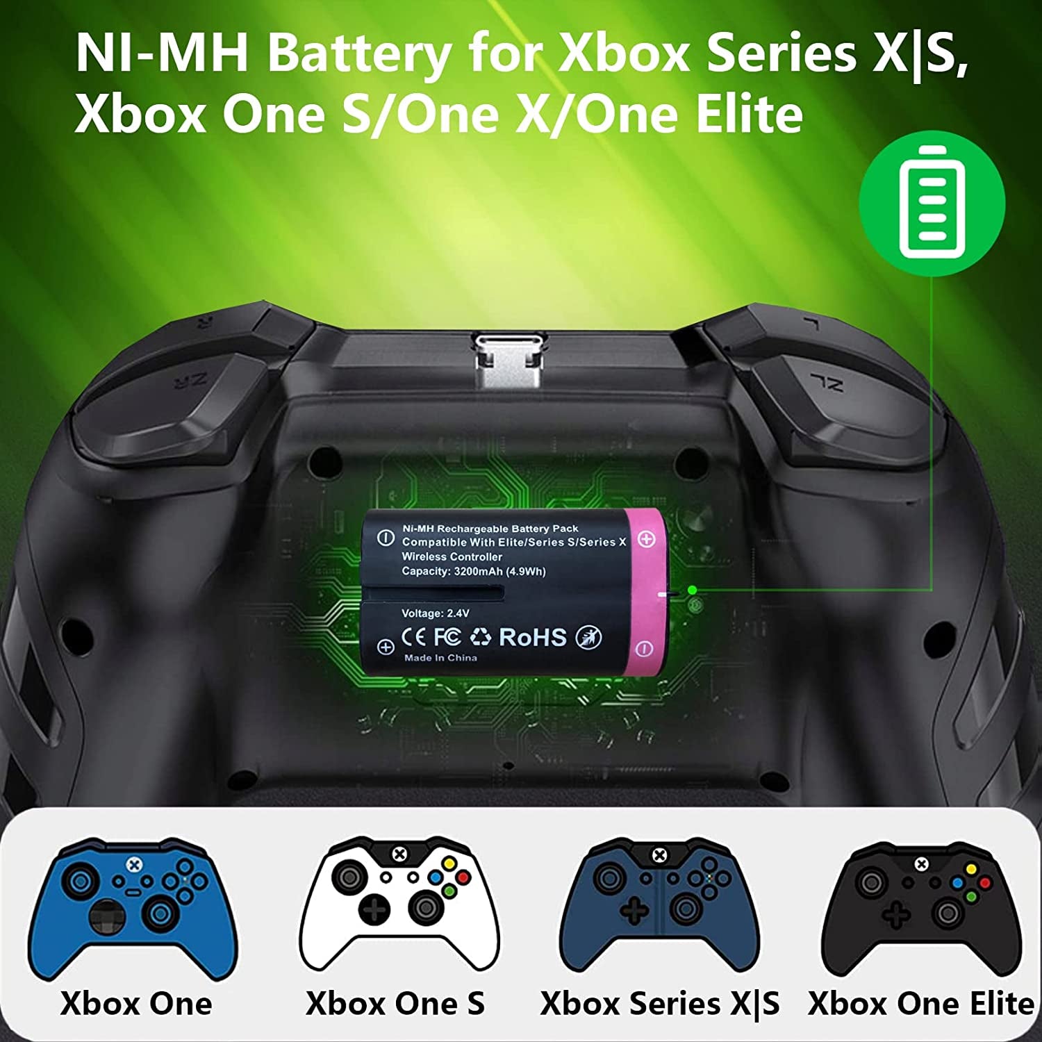 Professional Grade 4-Pack 3200mAh Rechargeable Battery Packs with Charger Dock and USB Charger Station for Xbox Series X|S, Xbox One S/One X/One Elite Controllers