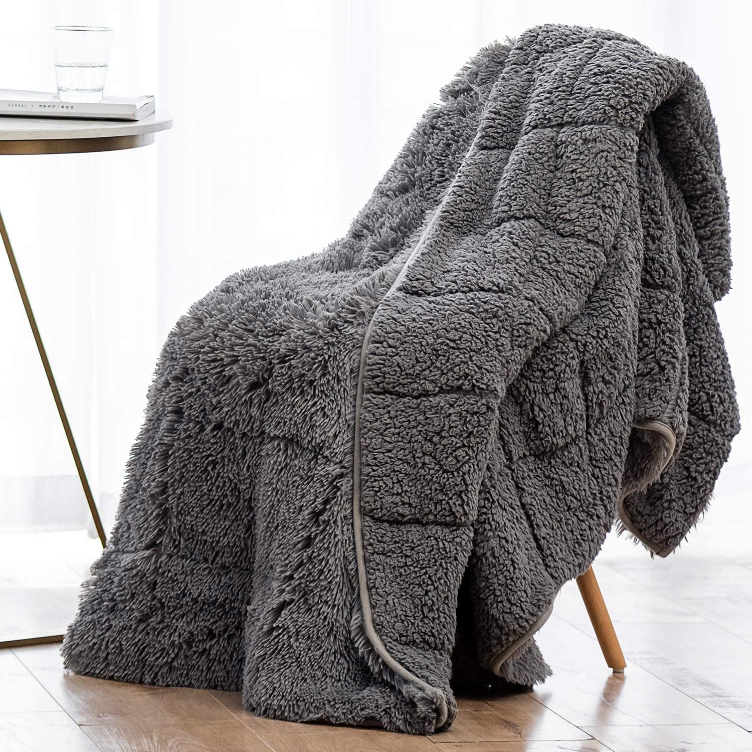 Luxurious Shaggy Long Fur Faux Fur Weighted Blanket - Cozy and Plush Sherpa Long Hair Blanket for Adults,15Lbs, Reverse Heavy Blanket for Bed or Couch - Grey, 60 X 80 Inches