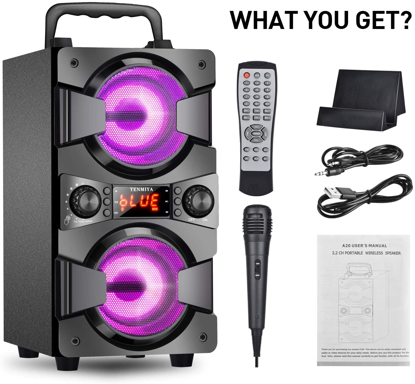 High-Quality 60W Portable Bluetooth Speaker with Dual Subwoofer for Enhanced Bass, FM Radio, Built-in Microphone, LED Lights, Remote Control, EQ, and Immersive Stereo Sound System - Perfect for Home, Outdoor Parties, and Camping (Includes 1 Microphone)