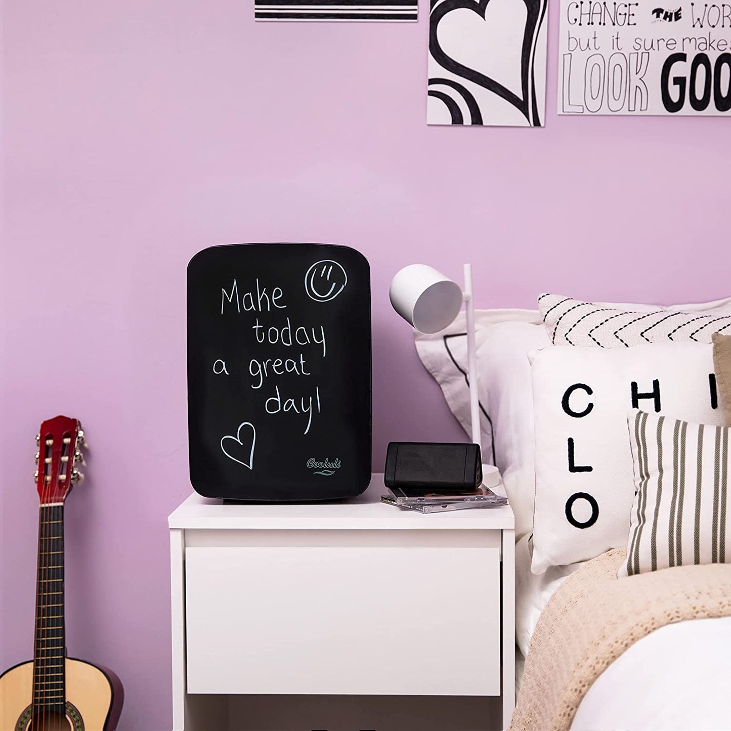 Compact Bedroom Mini Fridge with Cool Front Magnetic Blackboard - 15L Portable Refrigerator for Travel, Car, and Office Desk - Plug-in Cooler and Warmer for Food, Drinks, and Skincare - Sleek Black Design