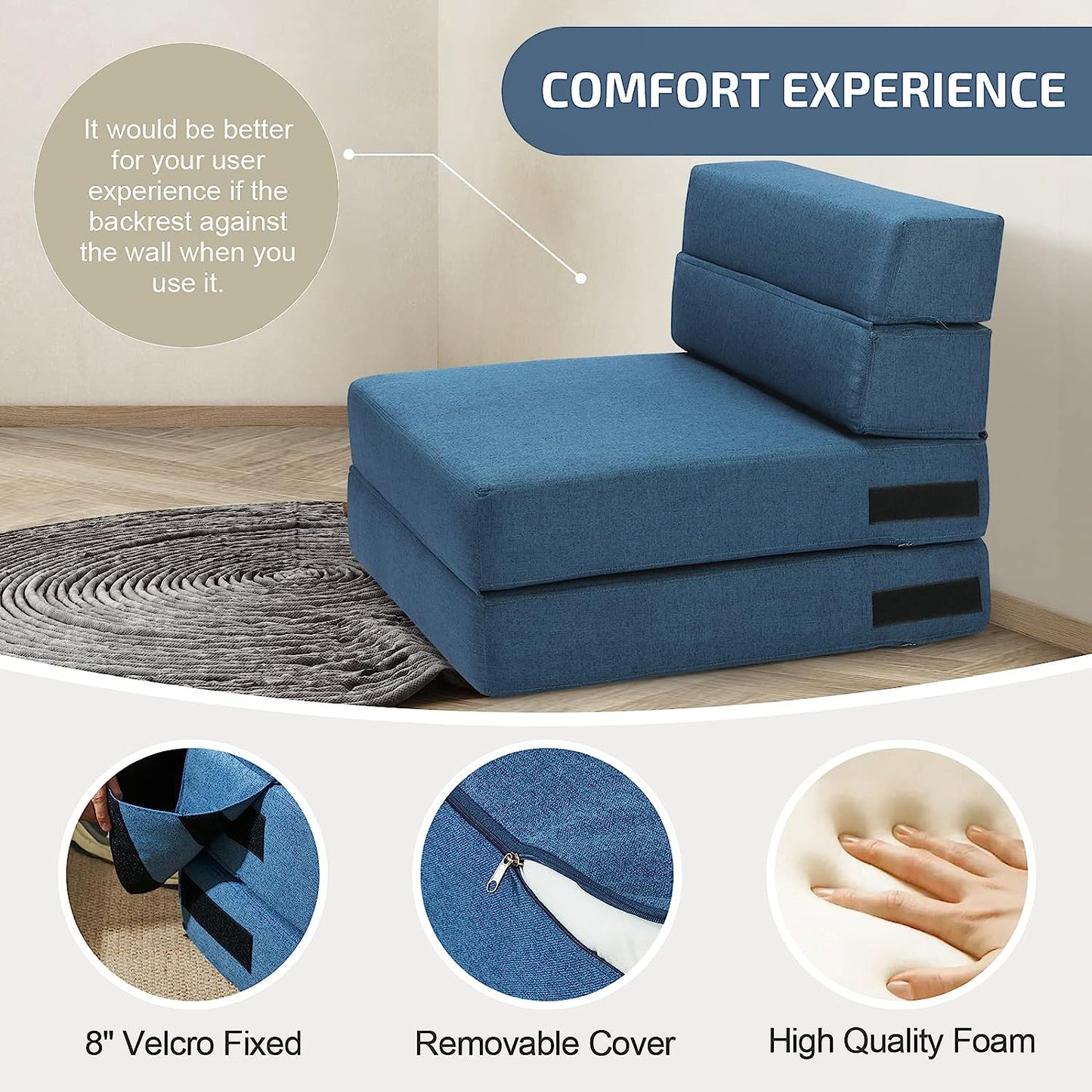 Convertible Folding Sofa Bed, Floor Couch & Sleeping Mattress, Suitable for Kids, Foldable Memory Foam Sleeper for Home t - Navy Blue
