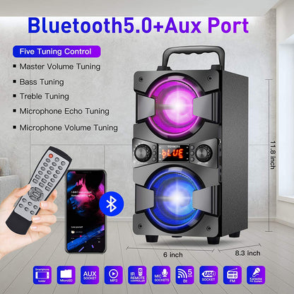 High-Quality 60W Portable Bluetooth Speaker with Dual Subwoofer for Enhanced Bass, FM Radio, Built-in Microphone, LED Lights, Remote Control, EQ, and Immersive Stereo Sound System - Perfect for Home, Outdoor Parties, and Camping (Includes 1 Microphone)
