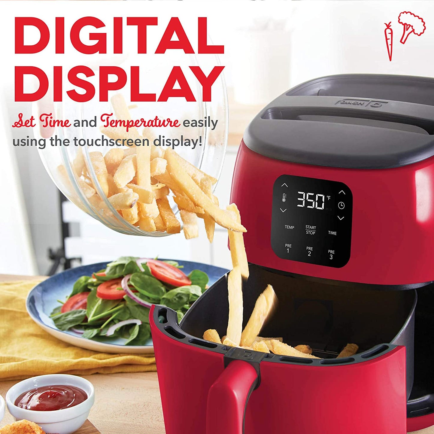 2.6 Quart Red Digital Air Fryer with Aircrisp Technology, Custom Presets, Temperature Control, and Auto Shut off Feature