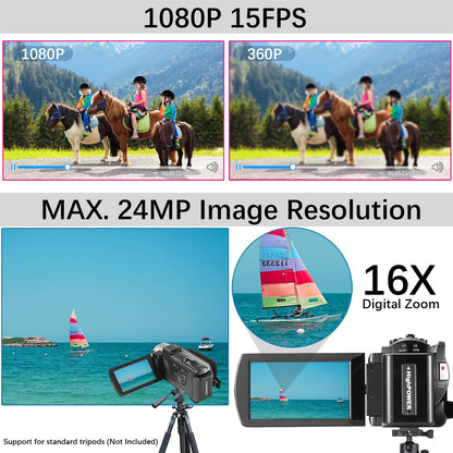 Full HD 1080P Digital Video Camera Recorder with 24MP, 3.0 Inch LCD, 16X Digital Zoom, and Dual Battery Pack (Black)
