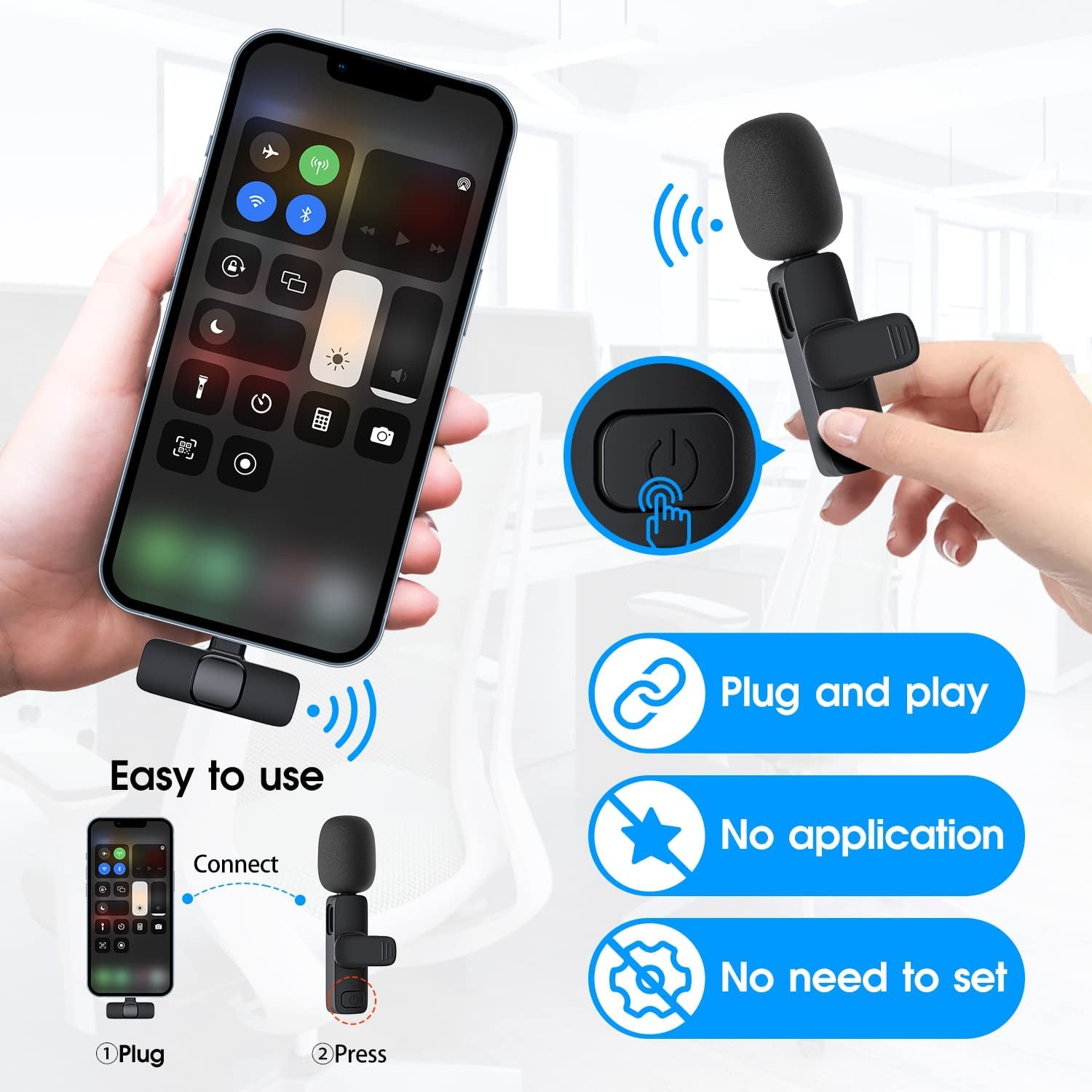 Wireless Lavalier Microphone for iPhone and iPad, 2.4G Ultra-Low Delay, Plug & Play, Built-In Noise Reduction for Video Recording, Podcasts, Vlogs