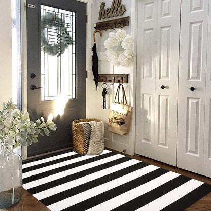 Hand Woven Black and White Striped Indoor Outdoor Rug - 3'X5' - Cotton Washable - Layered Doormat for Front Door, Kitchen, Farmhouse, Entryway, or Patio